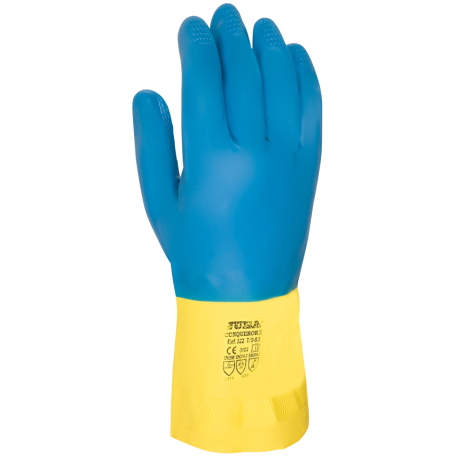 Gant JUBA en latex et néoprène épais (0.7mm) pour manipulation de solvants jaune et bleu - taille 9